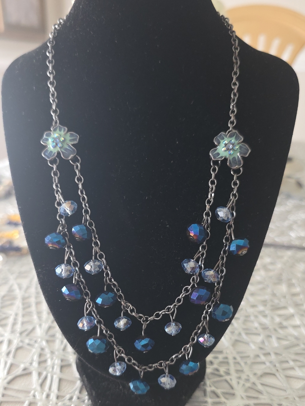 Source Unknown Iridescent Blue Multi-Strand Flower Necklace
